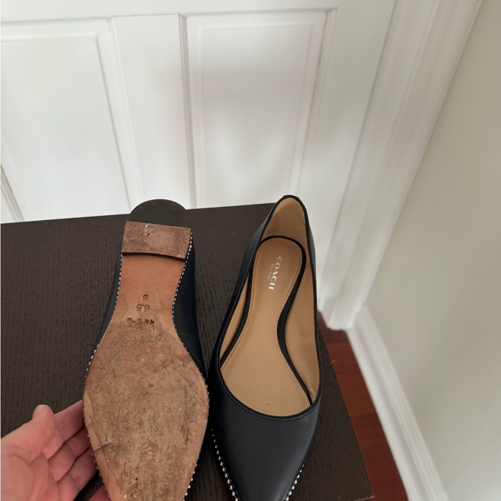 COACH Navy Pointed Leather Flats with Silver Stud Trim - Picture 3 of 5